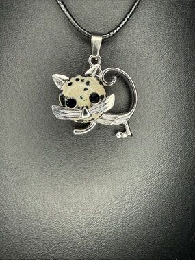Silver Tone Cat Pendant w/ Dalmatian Jasper Stone w/ Black Necklace NEW